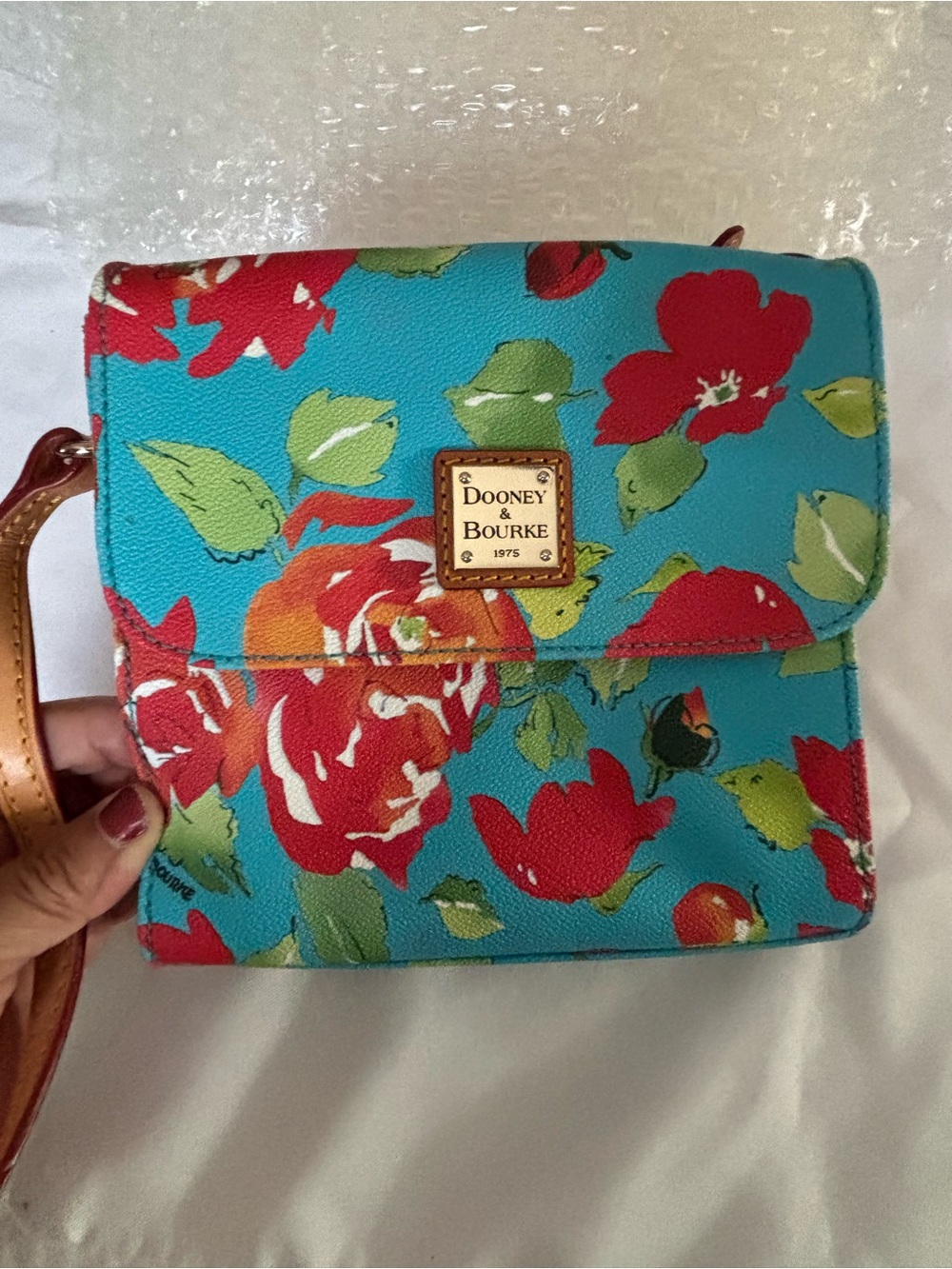 Dooney & Bourke Turquoise Floral Crossbody with Red & Green Accents